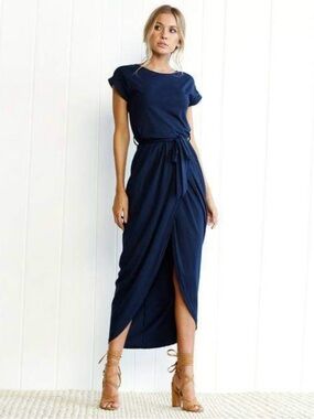 Women’s Navy Wrap Maxi Dress with Waist Tie